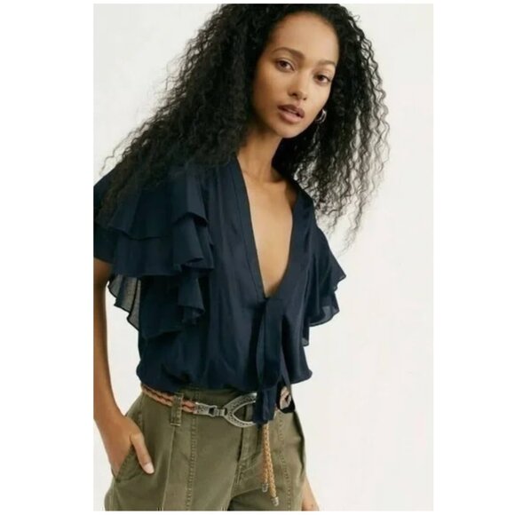 Free People Call Me Later Tie-Front Flounce Sleeve Bodysuit - Picture 1 of 7
